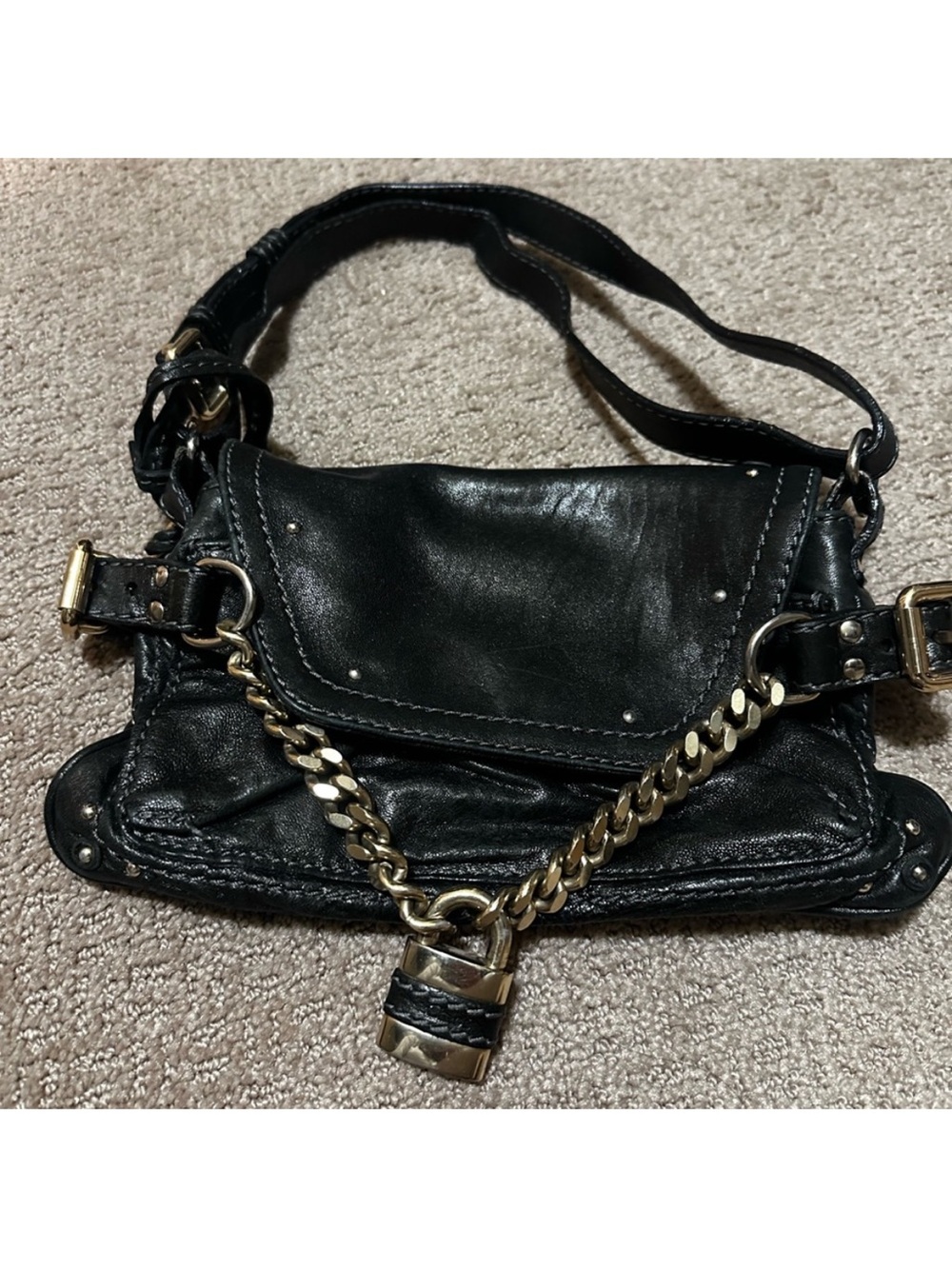 Chloe Black Leather Paddington Shoulder Bag with Gold Chain and Padlock